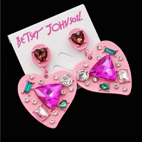 EARRINGS! Betsey Johnson Love Heart Gemstone Post Dangle Earrings BNWT - Picture 2 of 4